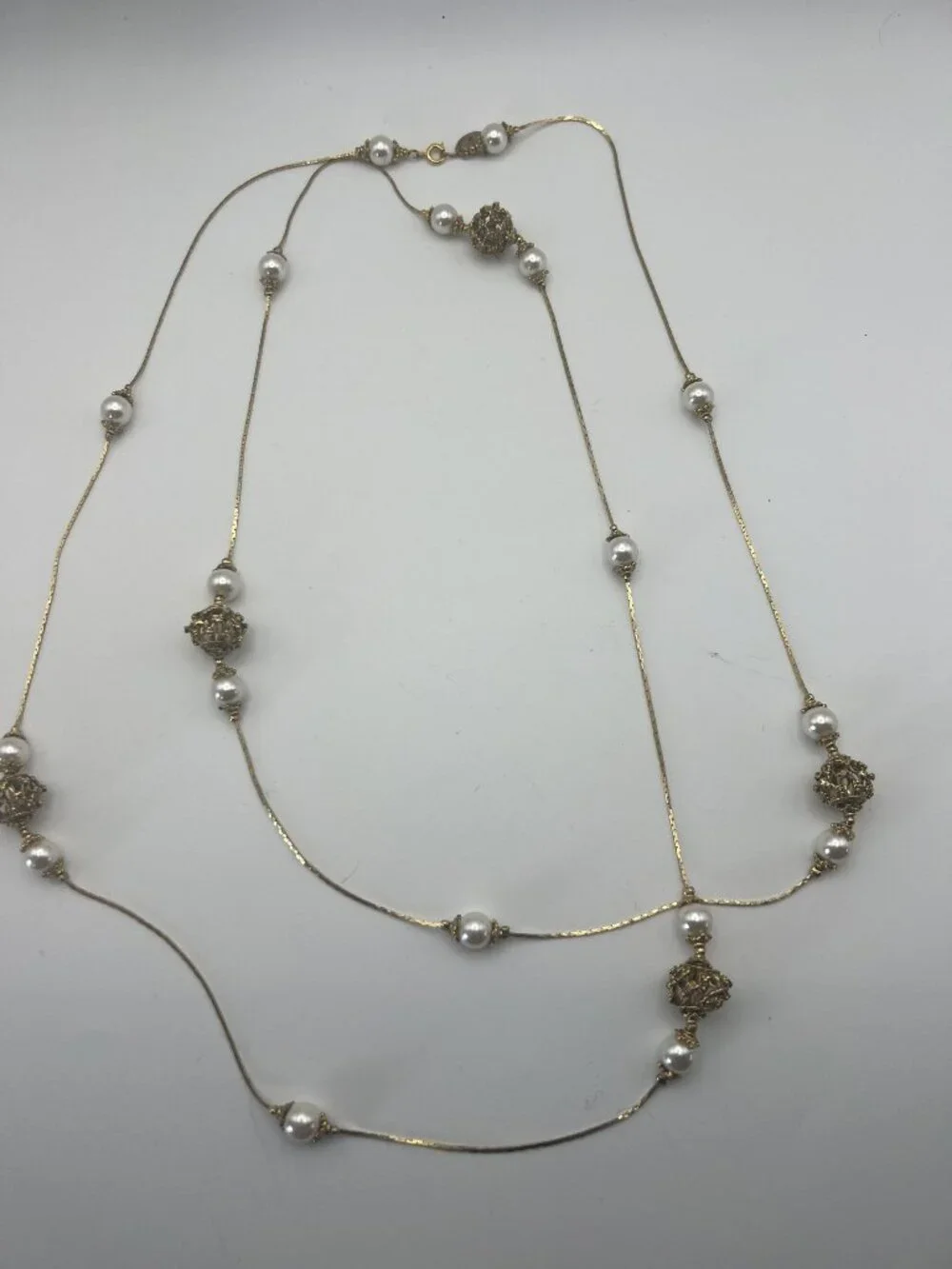 The Limited Vintage Gold Tone Pearl Filigree Ball Station Necklace